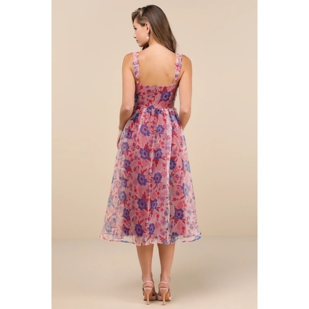 Lulus Delightful Look Magenta Floral Print Bustier‎ Midi Skater Dress Size L - Picture 11 of 14